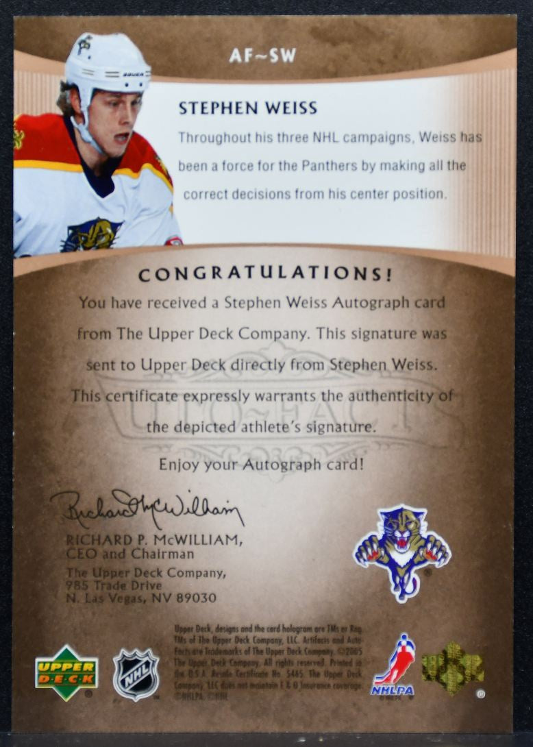 2005-06 Upper Deck Artifacts Auto-Facts Stephen Weiss Panthers Auto 37/75 3210
