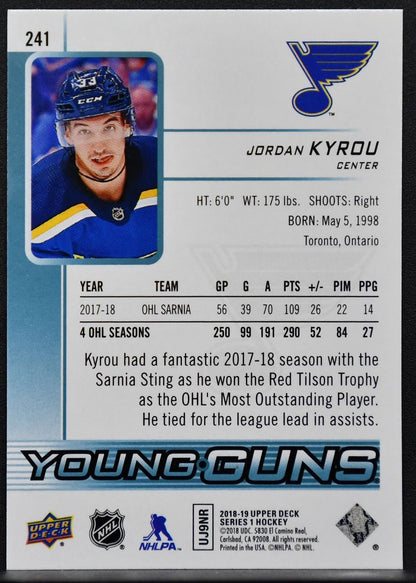 2018-19 Upper Deck Series 1 Young Guns Jordan Kyrou 241 St. Louis Blues RC 7658