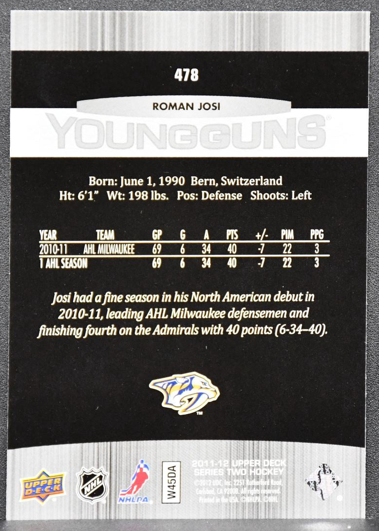 2011-12 Upper Deck Series 2 Young Guns Roman Josi 478 Nashville Predators RC 5197
