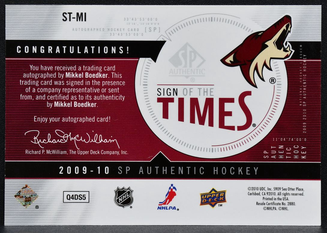 2009-10 SP Authentic Sign of the Times Mikkel Boedker ST-MI Auto 5416