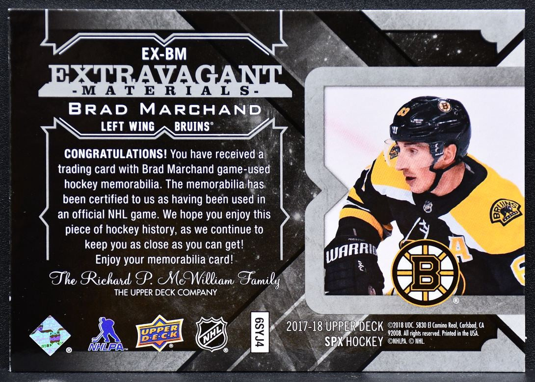 2017-18 SPx Extravagant Materials Brad Marchand EX-BM Boston Bruins Jersey 3404