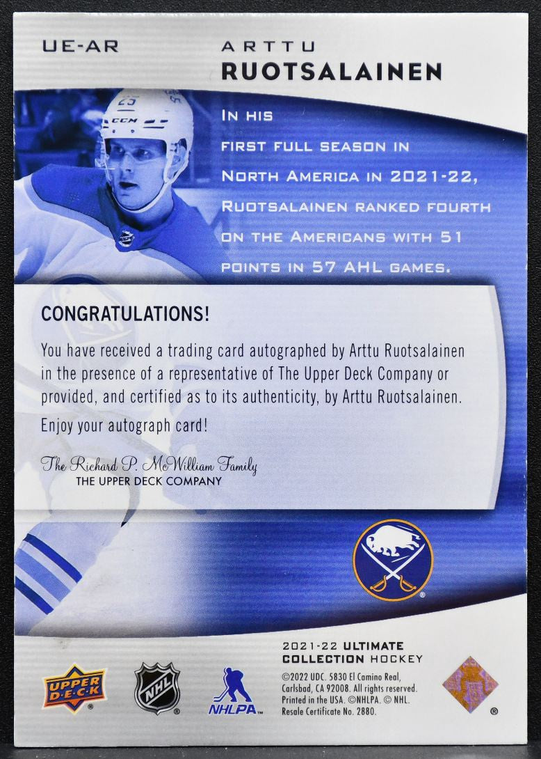 2021-22 UD Ultimate Collection Rookie Emblems Auto Arttu Ruotsalainen RC 4300