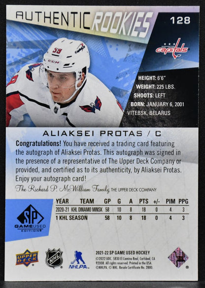 2021-22 SP Game Used Blue Auto Aliaksei Protas 128 Washington Capitals RC Auto