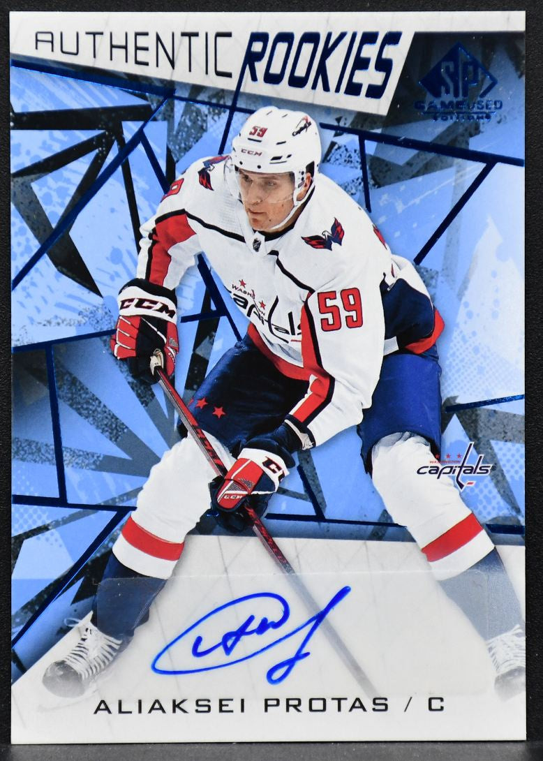 2021-22 SP Game Used Blue Auto Aliaksei Protas 128 Washington Capitals RC Auto