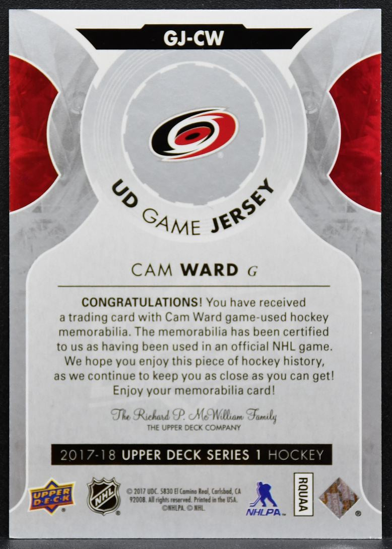 2017-18 Upper Deck UD Game Jerseys Cam Ward GJ-CW Hurricanes Jersey 6548