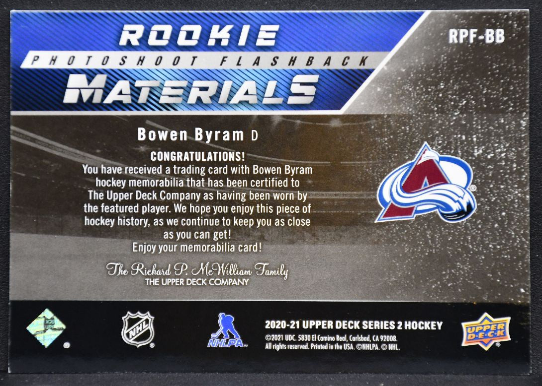 20-21 UD RC Photoshoot Flashback Materials Bowen Byram Avalanche RC Jersey 7122