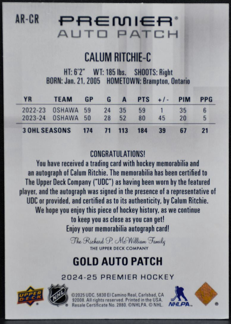 2024-25 UD Premier Rookie Patch Auto Ritchie Avalanche RC Auto 23833 Patch 4199