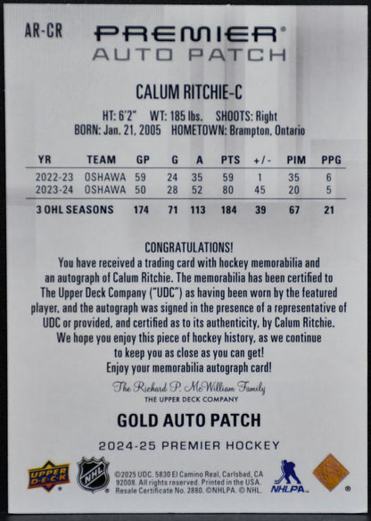 2024-25 UD Premier Rookie Patch Auto Ritchie Avalanche RC Auto 23833 Patch 4199