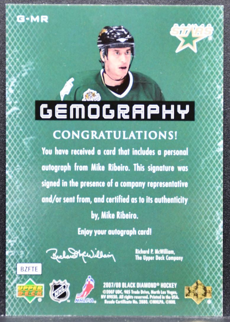 2007-08 Upper Deck Black Diamond Gemography Mike Ribeiro Dallas Stars Auto 5009