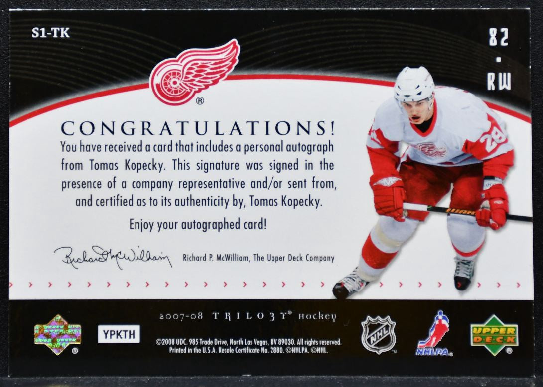2007-08 UD Trilogy Script One Young Stars Tomas Kopecky Red Wings Auto 6402