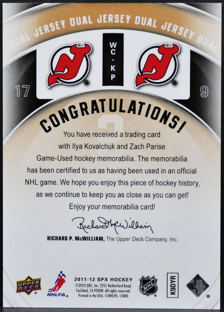 2011-12 SPx Winning Combos Ilya Kovalchuk/Zack Parise WC-KP Devils Jersey 8075