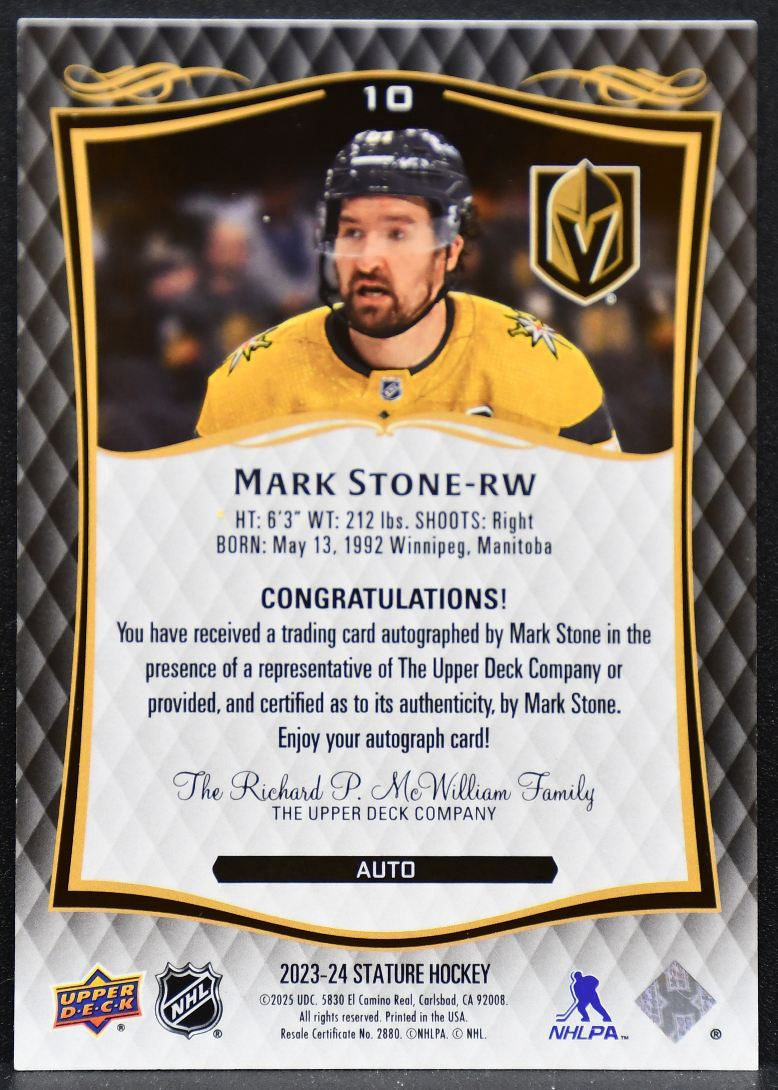 2023-24 Upper Deck Stature Auto Mark Stone 10 Vegas Golden Knights Auto 4456