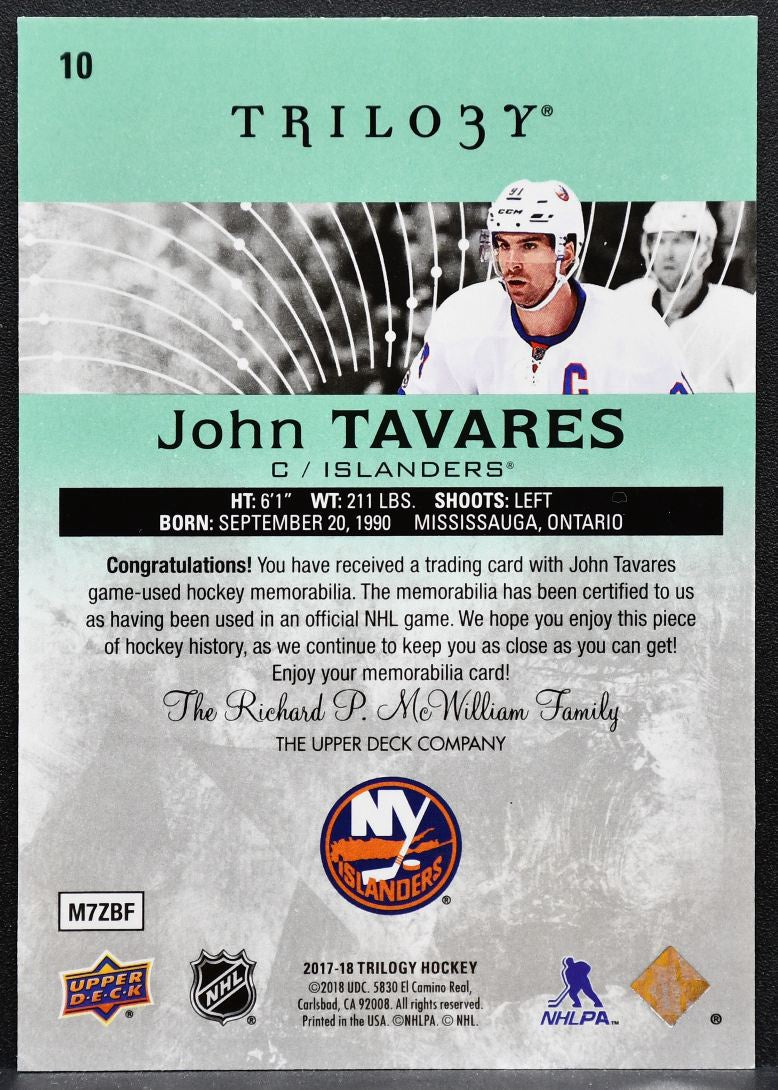 2017-18 UD Trilogy Relics Jersey Green Foil Tavares 065/183 Jersey 4911