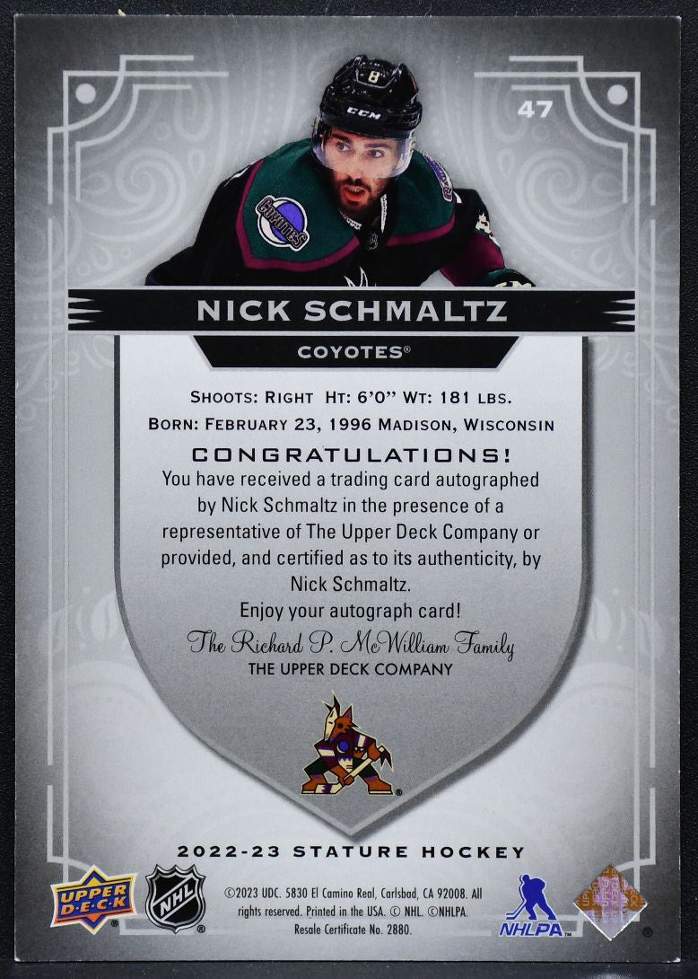 2022-23 Upper Deck Stature Autographs Nick Schmaltz 47 Arizona Coyotes Auto 2087