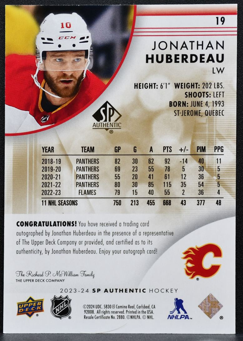 2023-24 SP Authentic Limited Auto Jonathan Huberdeau 19 Calgary Flames Auto 8143