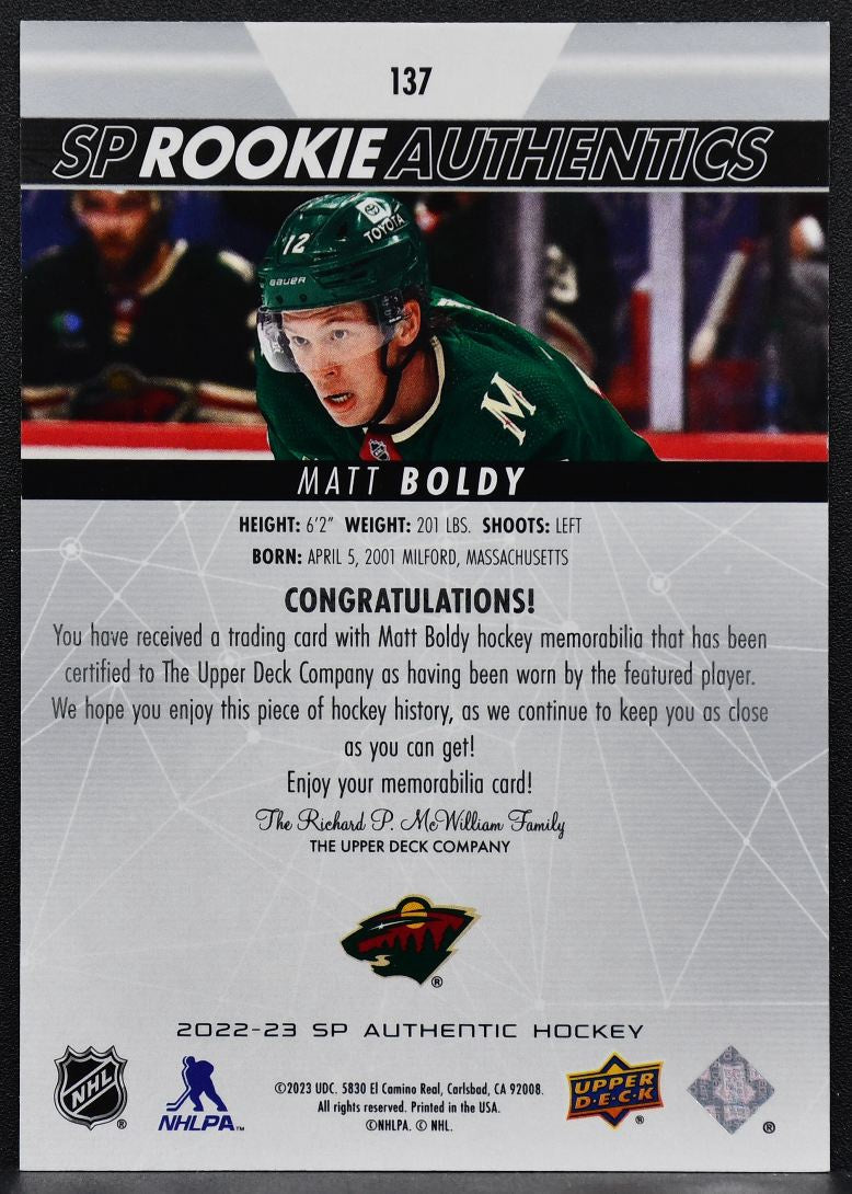23-24 SP Authentic RC Authentics Jersey Matt Boldy 137 Minnesota Wild RC Jersey 3001