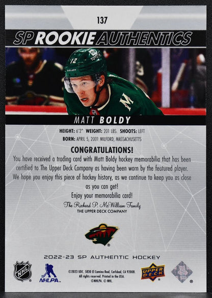 23-24 SP Authentic RC Authentics Jersey Matt Boldy 137 Minnesota Wild RC Jersey 3001