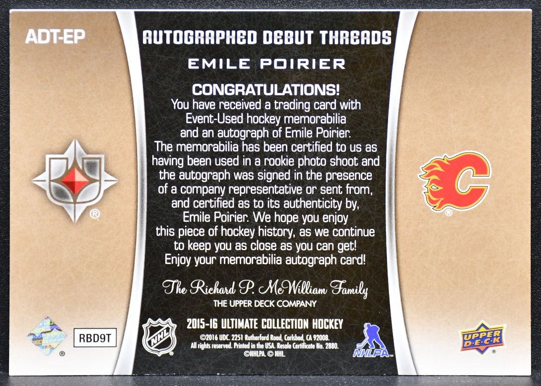 2015-16 UD Ultimate Debut Threads Poirier Flames RC Auto 03/99 Jersey 6603