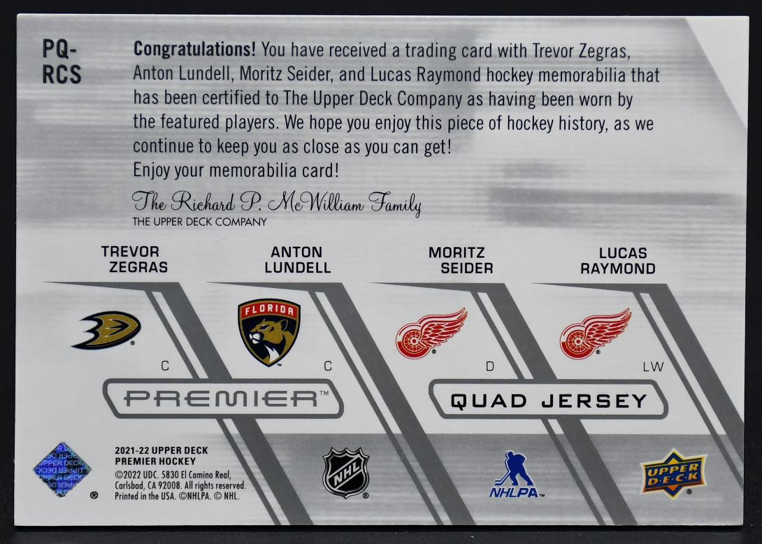 2021-22 UD Premier Quad Seider / Lundell / Zegras / Raymond PDJ-MS 10/25 Jersey