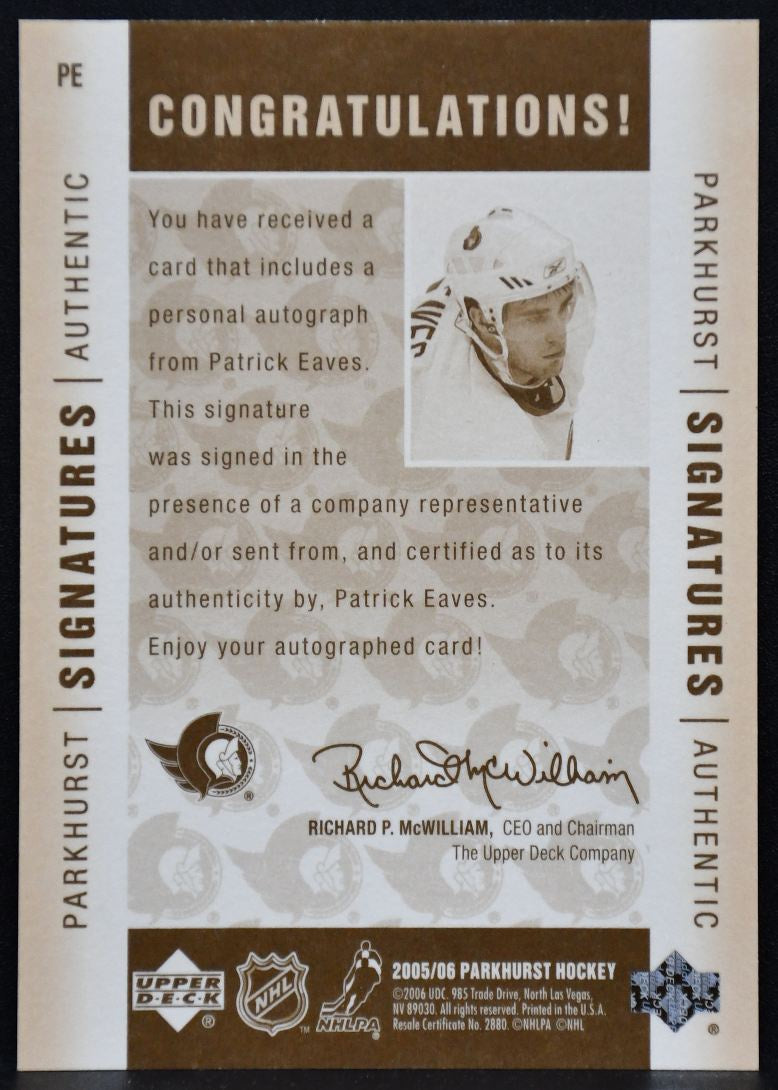 2005-06 Parkhurst Signatures Patrick Eaves PE Ottawa Senators Auto 3832