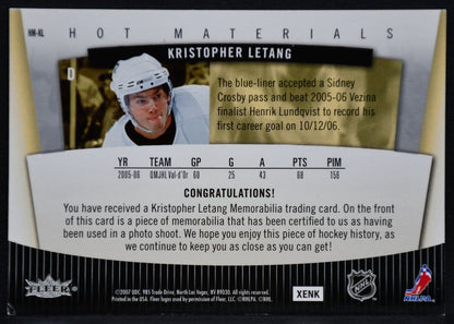 2006-07 Fleer Hot Prospects Materials Kristopher Letang HM-KL Penguins RC Jersey 7146