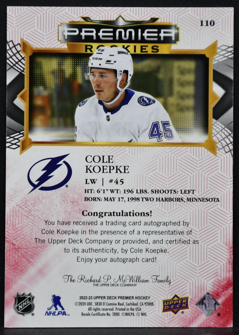 2022-23 UD Premier Rookies Auto Red Cole Koepke 110 Tampa Bay Lightning RC Auto 5846