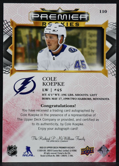 2022-23 UD Premier Rookies Auto Red Cole Koepke 110 Tampa Bay Lightning RC Auto 5846