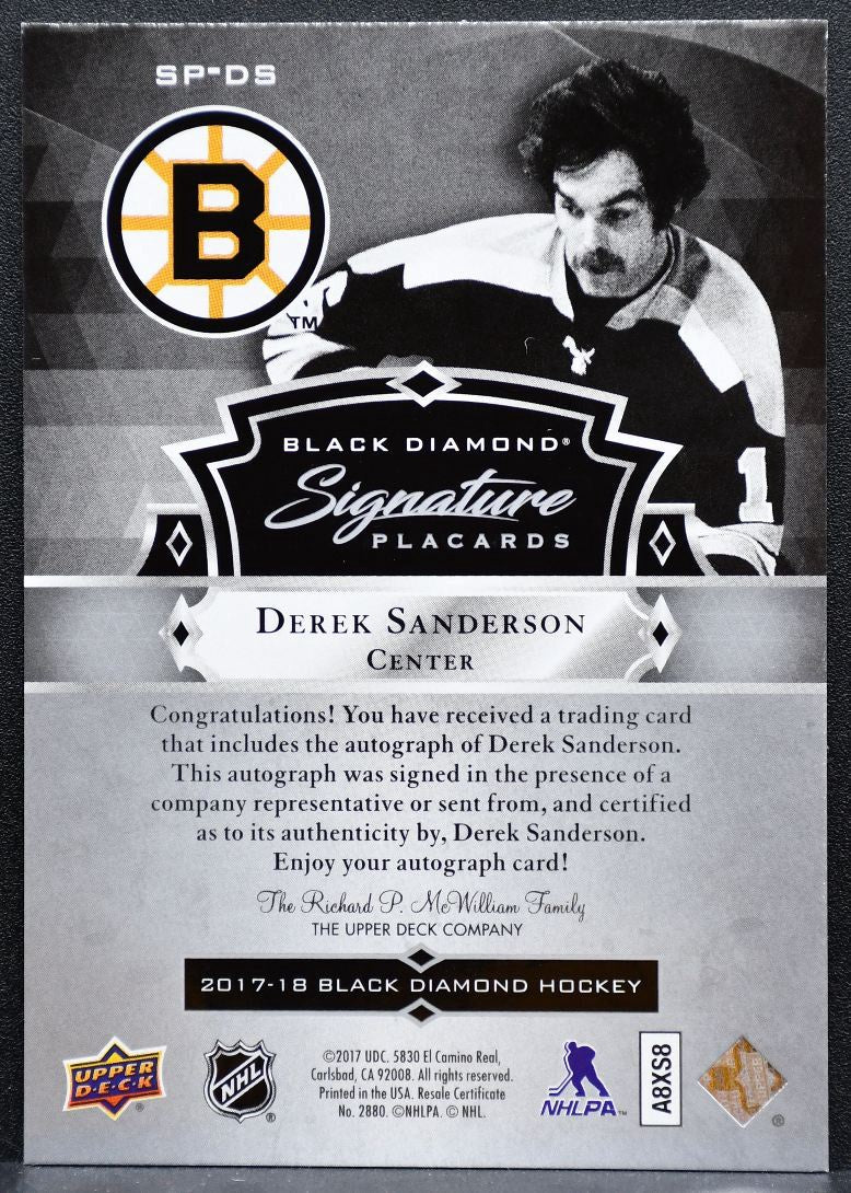 2017-18 UD Black Diamond Signature Placards Derek Sanderson Bruins Auto 9428