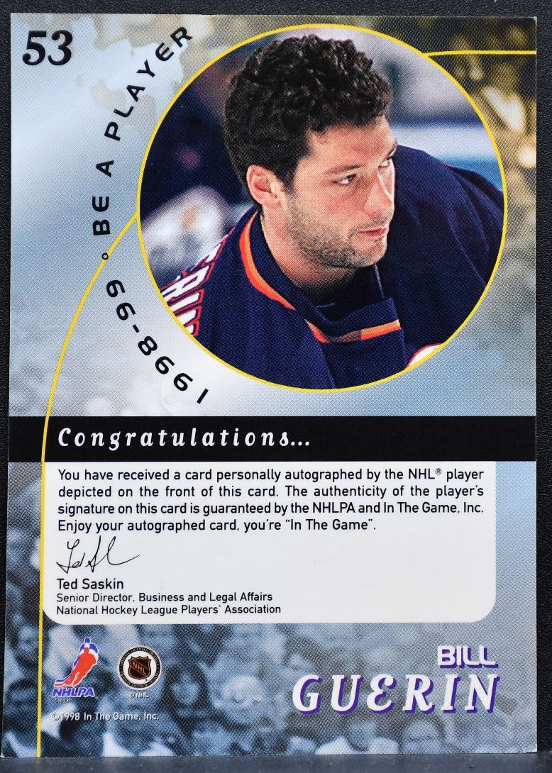 1998-99 Be a Player Autographs Gold Bill Guerin 53 Edmonton Oilers Auto 9749