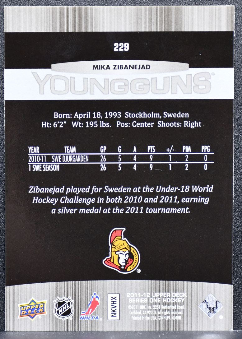 2011-12 Upper Deck Series 1 Young Guns Mika Zibanejad 229 RC 8937