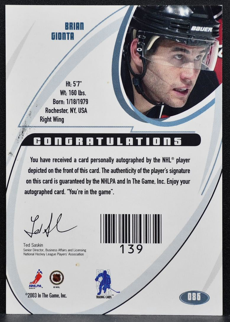 2002-03 In The Game Signature Auto Brian Gionta 086 New Jersey Devils Auto 2794