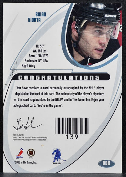2002-03 In The Game Signature Auto Brian Gionta 086 New Jersey Devils Auto 2794