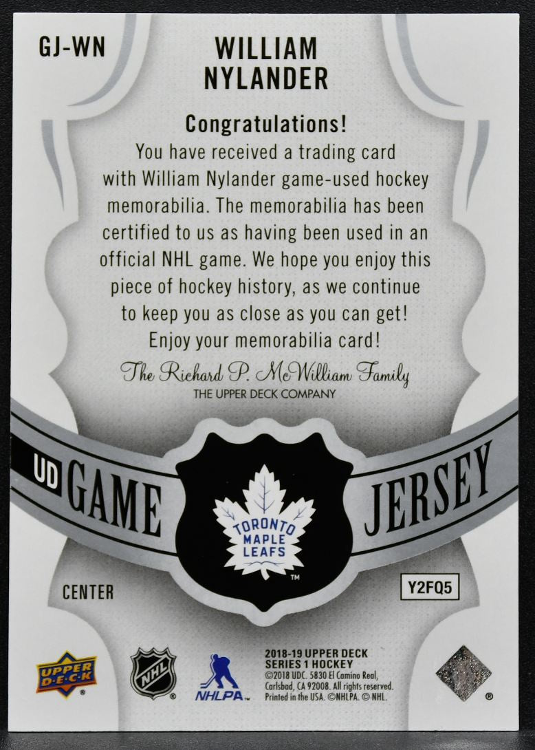 2018-19 UD Series 1 UD Game Jersey William Nylander Maple Leafs Jersey 2730