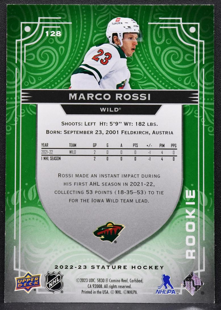 2022-23 Upper Deck Stature Rookie Green Marco Rossi 128 Minnesota Wild RC 43/66 9003