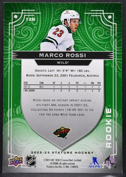2022-23 Upper Deck Stature Rookie Green Marco Rossi 128 Minnesota Wild RC 43/66 9003