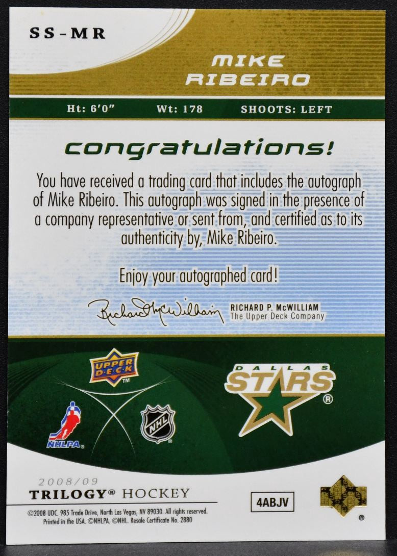 2008-09 UD Trilogy Superstar Scripts Mike Ribeiro SS-MR Dallas Stars Auto