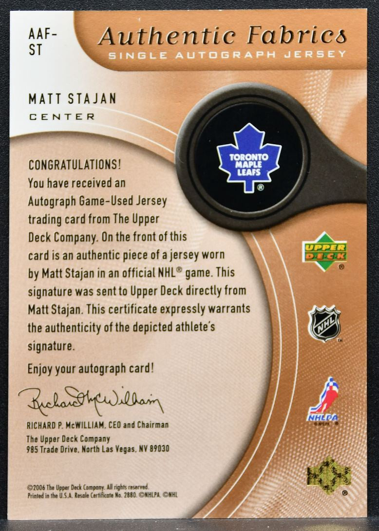 2006-07 SP Game Used Authentic Fabrics Auto Matt Stajan Auto Jersey 1801