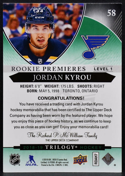 2018-19 UD Trilogy Premieres Green Foil  Kyrou 58 Blues RC 398/499 Jersey 3268
