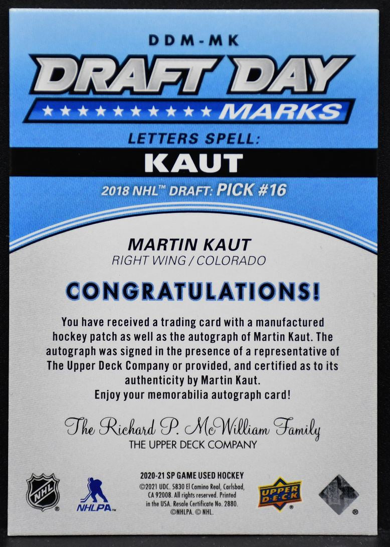 2020-21 SP Game Used Draft Day Marks Martin Kaut DDM-MK RC Auto 26/35 Patch