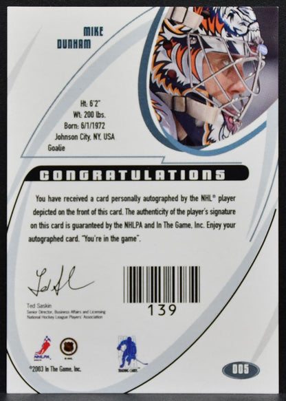 2002-03 Be a Player Signature Series Autographs Mike Dunham Predators Auto 2465