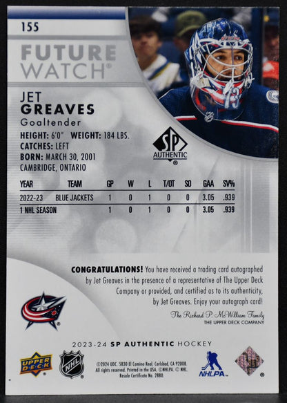 2023-24 SP Authentic Future Watch Auto Jet Greaves 155 RC Auto 993/999