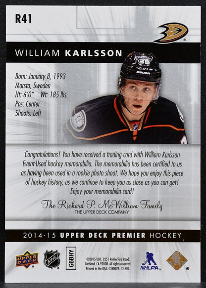 2014-15 UD Premier Rookies Silver Spectrum William Karlsson RC Jersey 0734