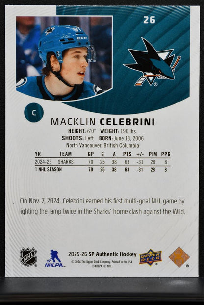 2025-26 SP Authentic Macklin Celebrini 26 San Jose Sharks 1310