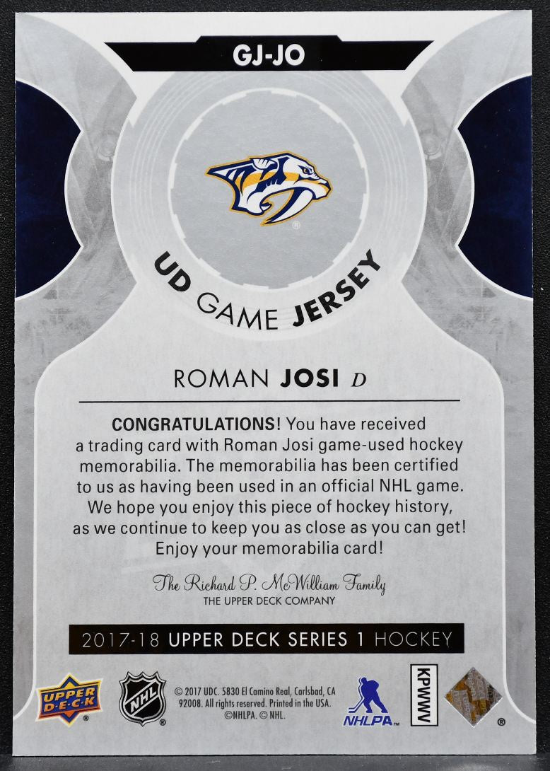 2017-18 UD Series 1 UD Game Jerseys Roman Josi GJ-JO Predators Jersey 4909