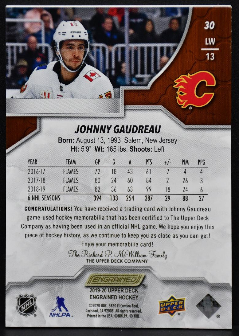2019-20 UD Engrained Johnny Gaudreau 30 Calgary Flames 27/35 Patch