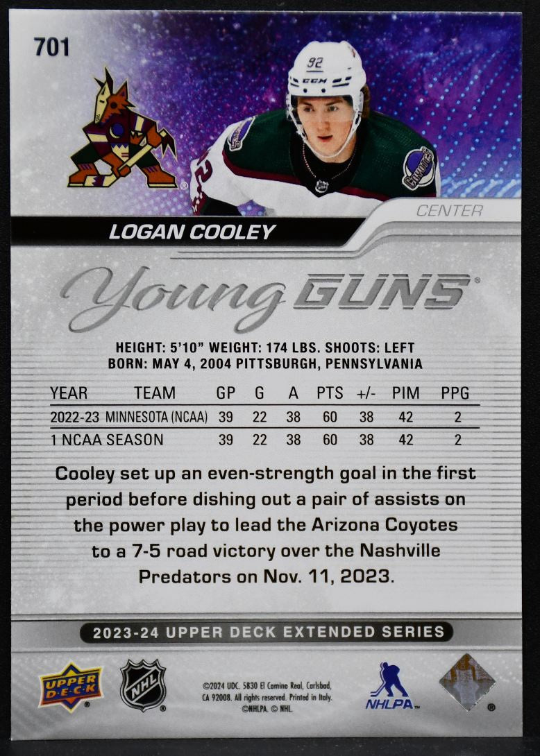 2023-24 UD Extended Series Young Guns Logan Cooley 701 Arizona Coyotes RC 3612
