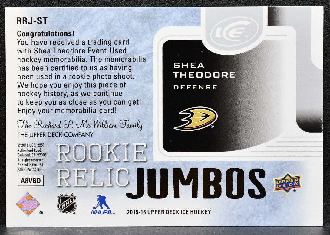 2015-16 UD Ice Rookie Relic Jumbos Shea Theodore Ducks RC 194/299 Jersey 1083