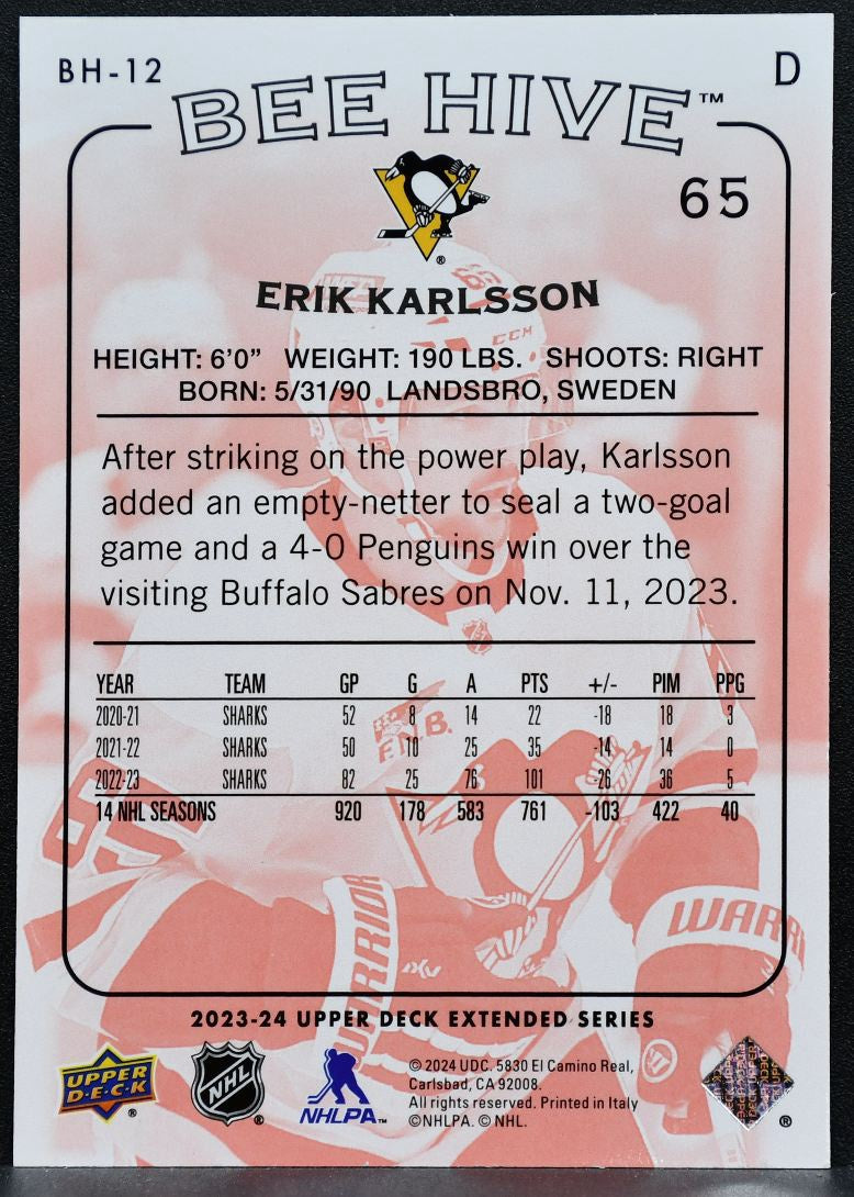 2023-24 UD Extended Series Beehive Red Erik Karlsson Penguins 132 /250 5661