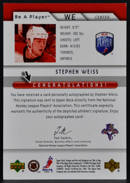 2005-06 Upper Deck Be a Player Signatures Stephen Weiss WE Panthers Auto 7532