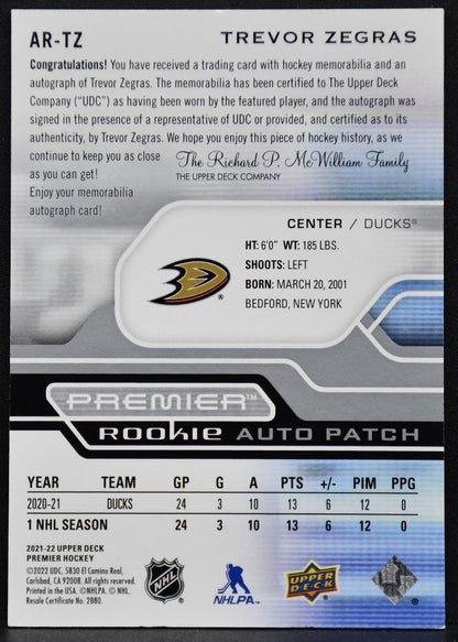 2021-22 UD Premier Acetate Rookie Auto Patch Trevor Zegras Ducks RC /99 Patch 5013